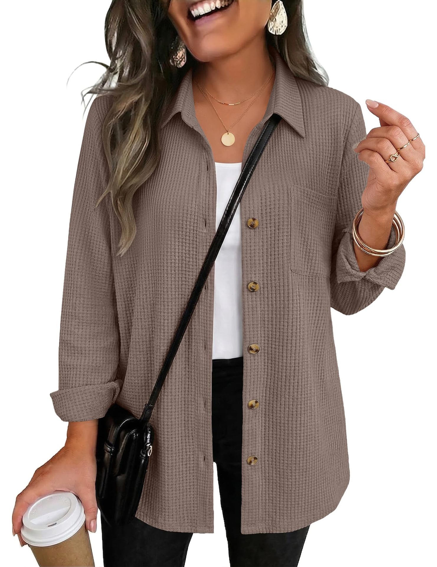 Women's Casual Waffle Knit Top, Button Down Long Sleeve Shacket-Tactilefable