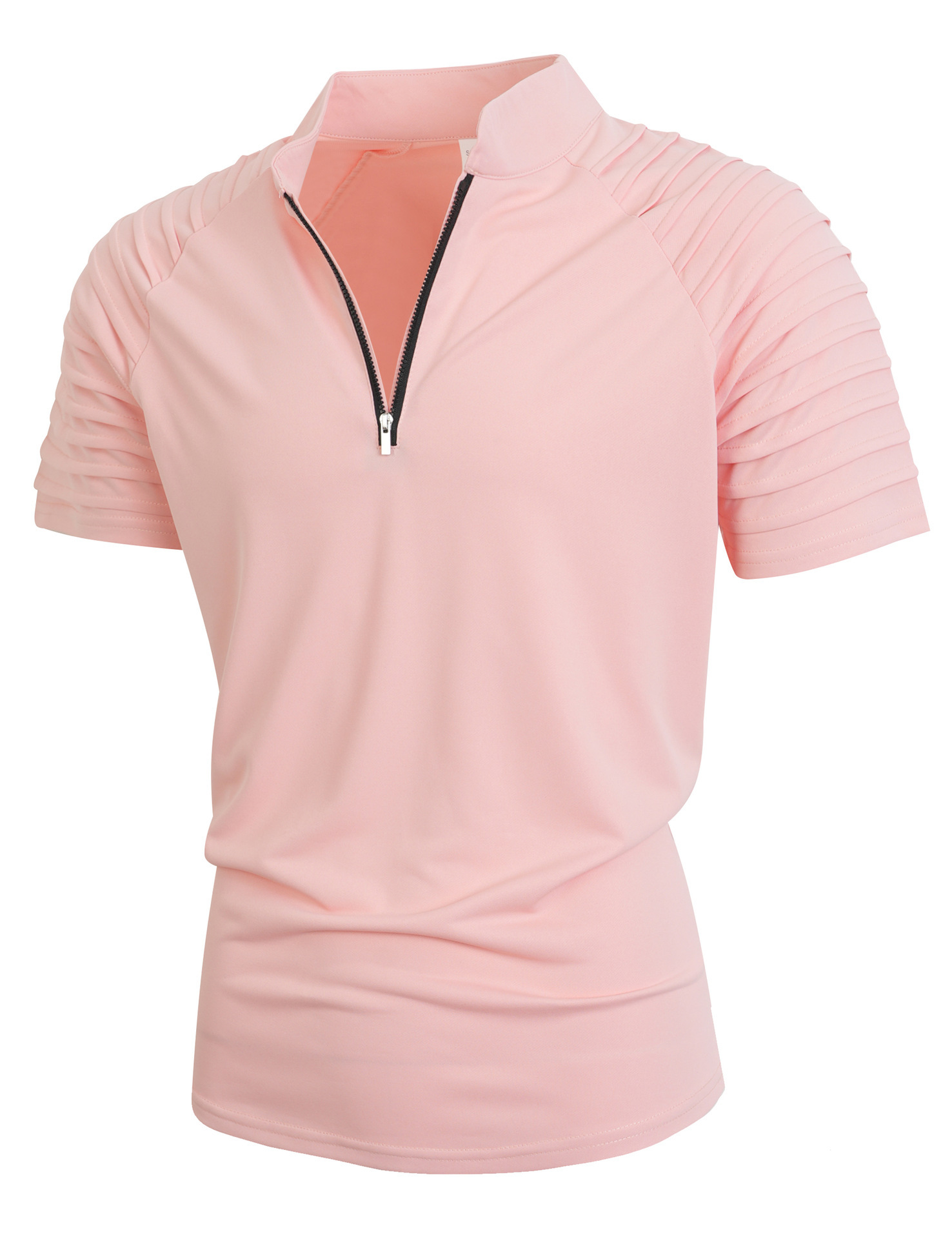 Men's Stand Collar Half Zip Short Sleeve Shirt, Pleated Raglan Shoulder Solid Color Casual Tee-TACTILEFABLE