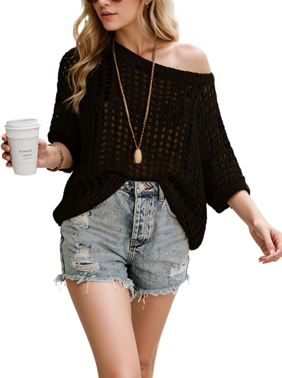 Womens Summer Scoop Neck Short Sleeve Sweater Casual Crochet Hollow Out Knit Tops Pullover Shirts Beach Coverup-TACTILEFABLE