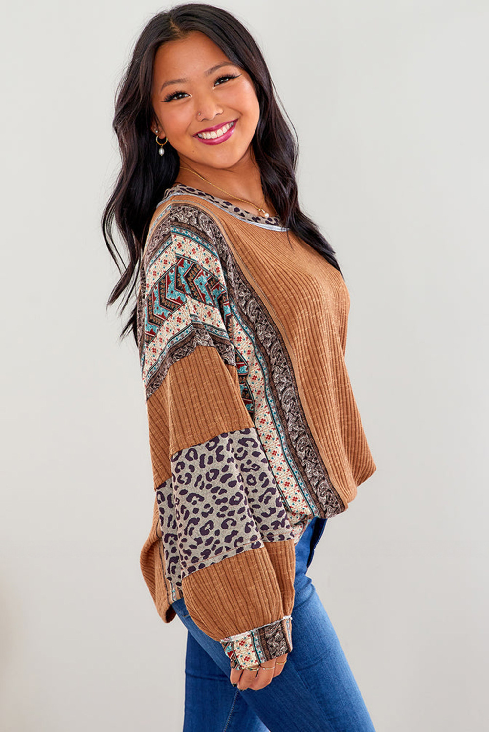Women's Boho Leopard Patchwork Ribbed Top, Crew Neck Long Sleeve Loose Fit Tunic Blouse-Tactilefable