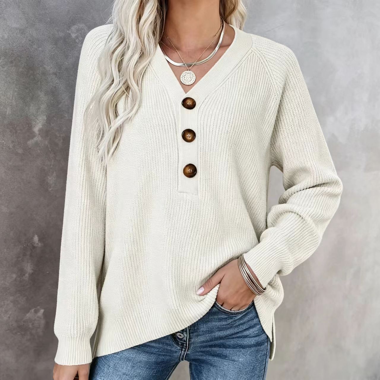 Women's V Neck Ribbed Knit Henley Sweater, Long Sleeve Loose Fit Soft Wool Blend Pullover Top for Fall-TACTILEFABLE