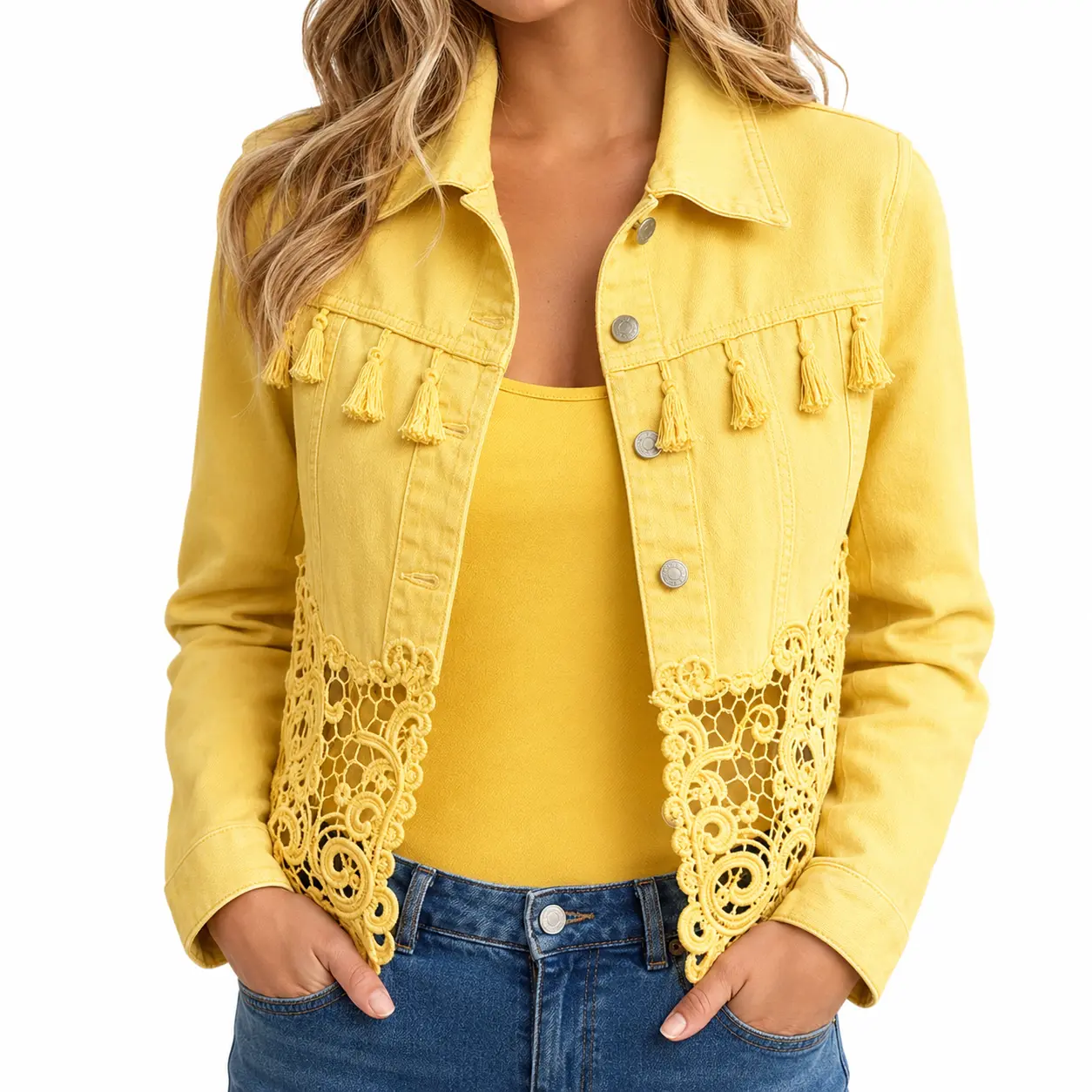 Women’s Chic Splice Lace Denim Jacket - Tassel Trim, Button-Up Long Sleeve.-Tactilefable