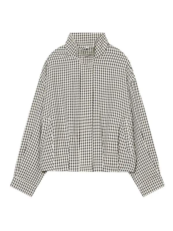 Jacket Female Spring Summer Black & White Gingham Check Cropped Bomber Jacket Stand Collar Zip Elasticated Waist & Cuffs Oversized Fit Lightweight Crinkled Fabric Side Pockets Daily Wear, Street Style, Office Casual-Tactilefable