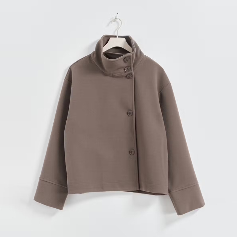 Women Short Stand Collar Wool Look Coat, Loose Asymmetric Button Down Fall Outerwear-Tactilefable