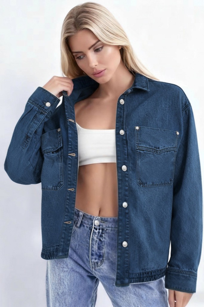 Long Sleeve Denim Jacket for Women,Drop Shoulder Curved Hem Denim, Classic Button Down Denim Jacket with Chest Pockets.-TACTILEFABLE