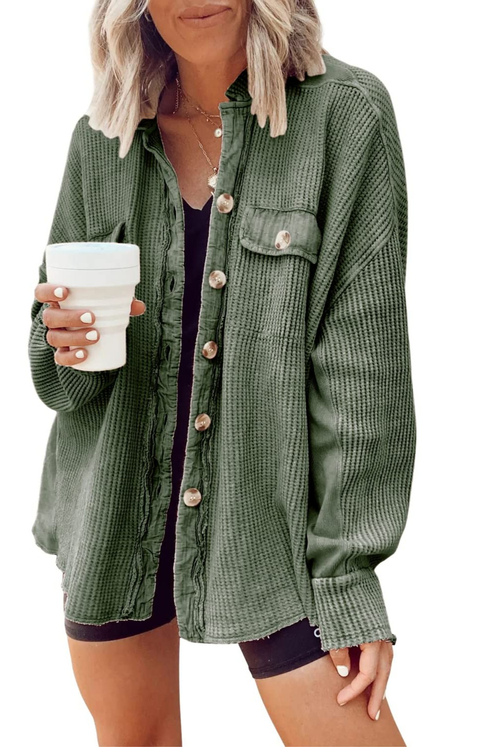Women's Loose Fit Batwing Sleeve Waffle Knit Button Down Shacket Top-Tactilefable