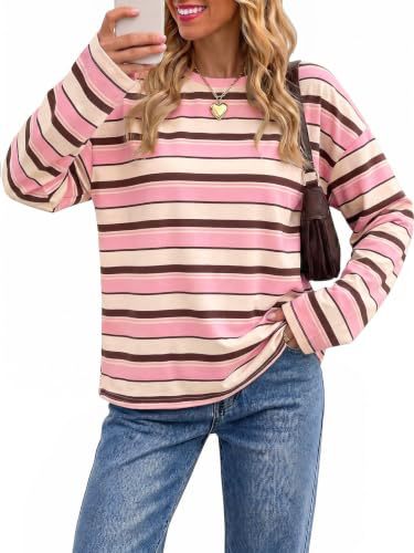 Womens Crew Neck Horizontal Striped Long Sleeve T Shirts, Oversized Loose-Tactilefable