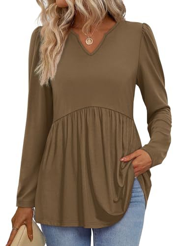 Womens Tops Long Sleeve Fall Shirts Babydoll Peplum Tops for Women V Neck Tunic Dressy Casual Blouses