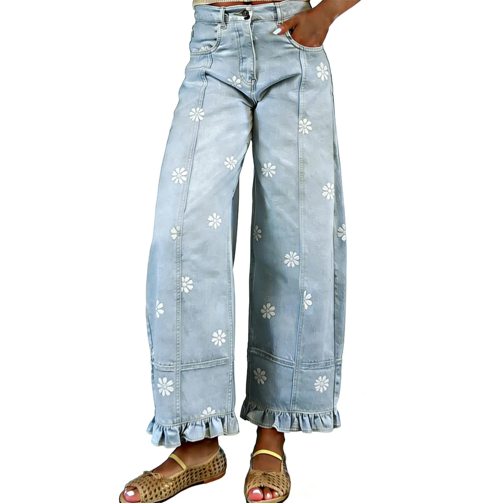 Women's High Waist Floral Print Wide Leg Pants, Ruffle Hem Casual Trousers-Tactilefable