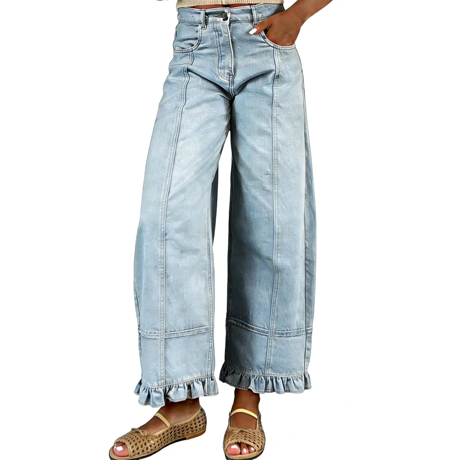 Women's Mid Rise Wide Leg Denim Pants, Ruffle Hem Seamed Washed Jeans-Tactilefable