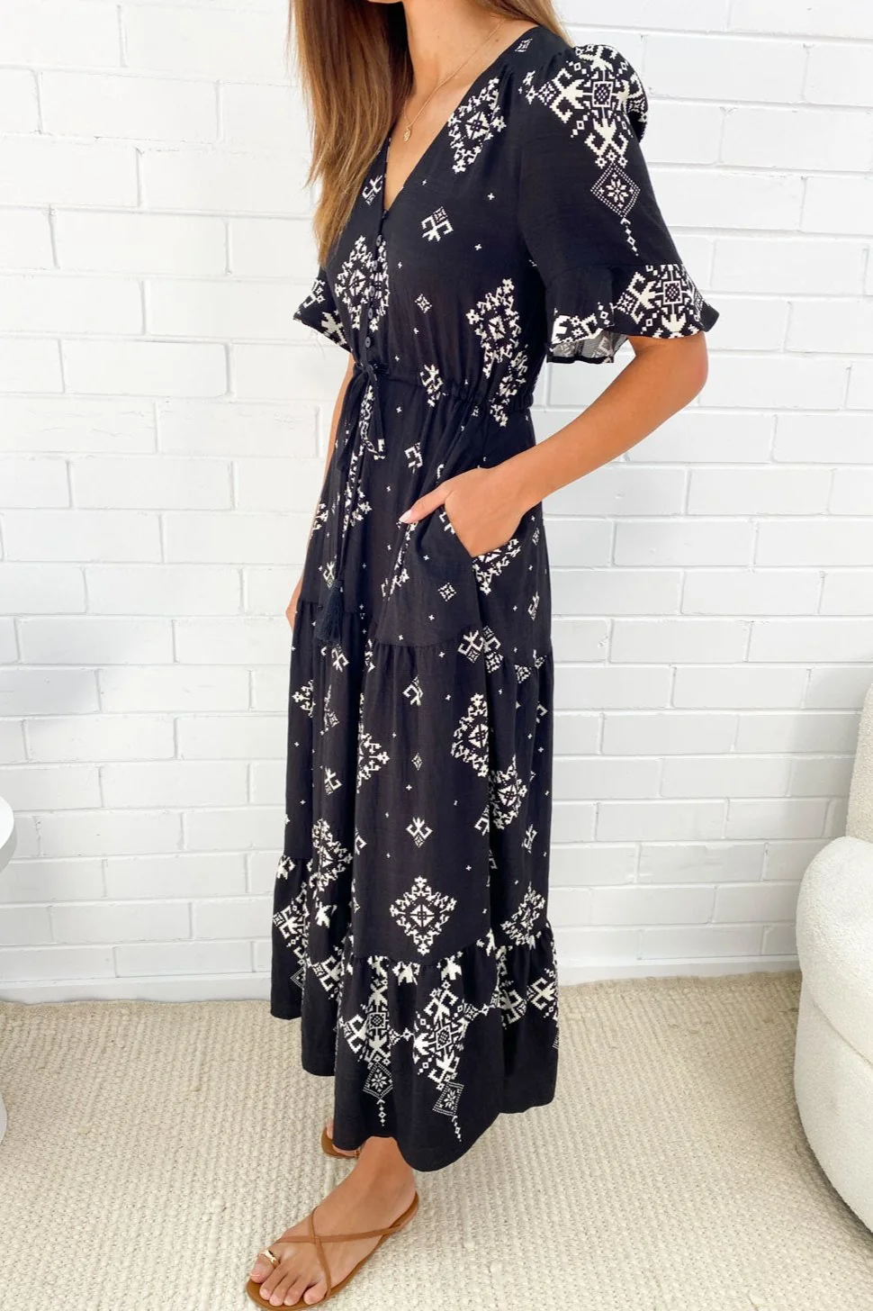 Bohemian Printed Maxi Dress, Loose Fit Round Neck Half Sleeve Flowy Long Dress with Pockets-TACTILEFABLE