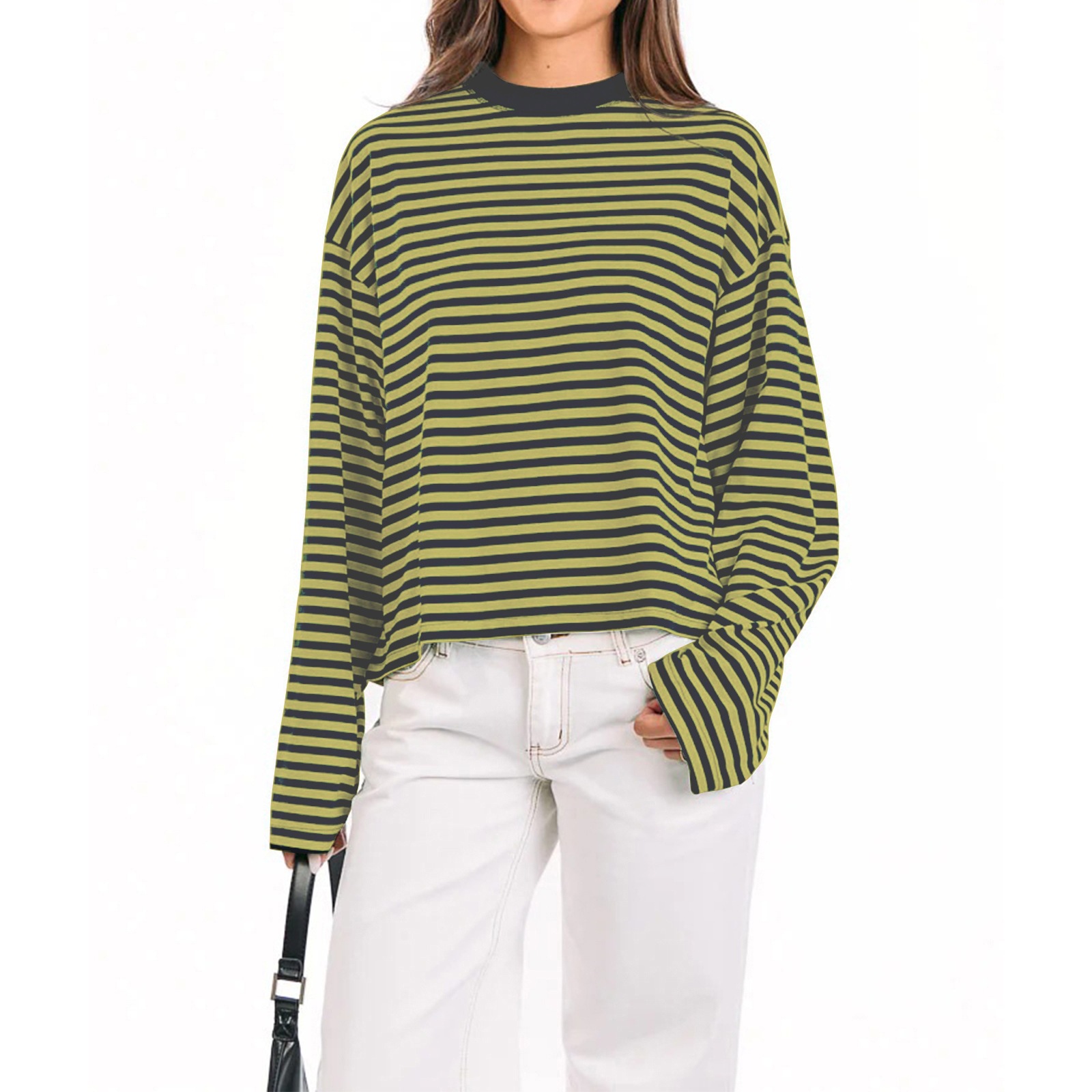 Women's Color Block Striped Long Sleeve Top, Loose Crew Neck Batwing Sleeve Casual Tee, All Seasons Wear, Moderate Thickness-TACTILEFABLE