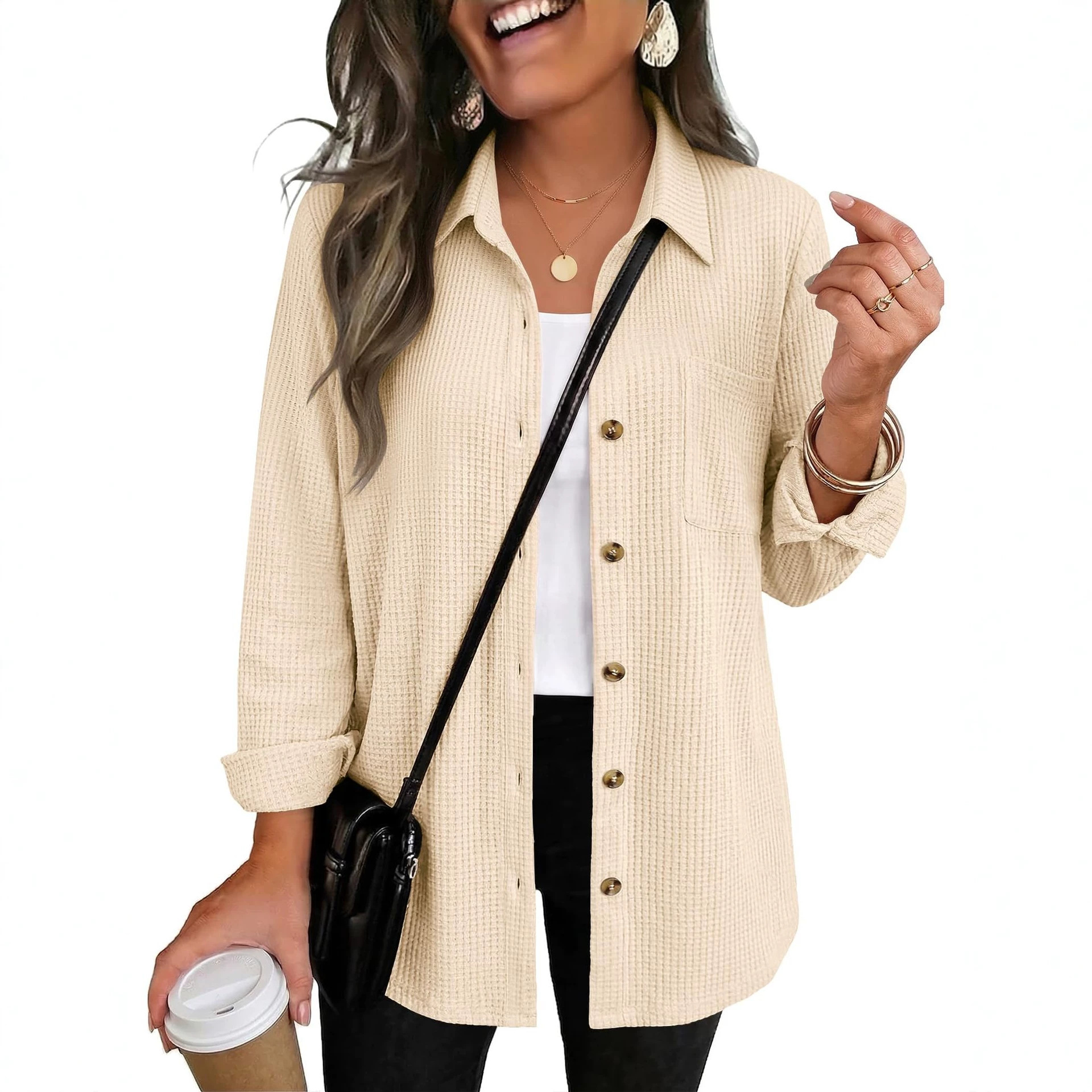 Women's Casual Waffle Knit Top, Button Down Long Sleeve Shacket-Tactilefable