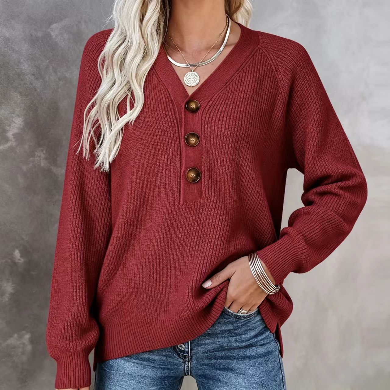 Women's V Neck Ribbed Knit Henley Sweater, Long Sleeve Loose Fit Soft Wool Blend Pullover Top for Fall-TACTILEFABLE