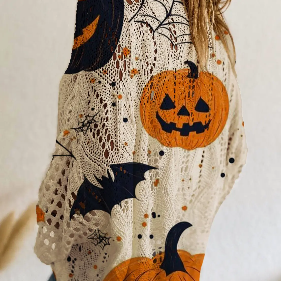 Women's Long-Sleeve Style Knitwear Piece, Halloween Pumpkin-Bat Print Casual Fall Pullover.