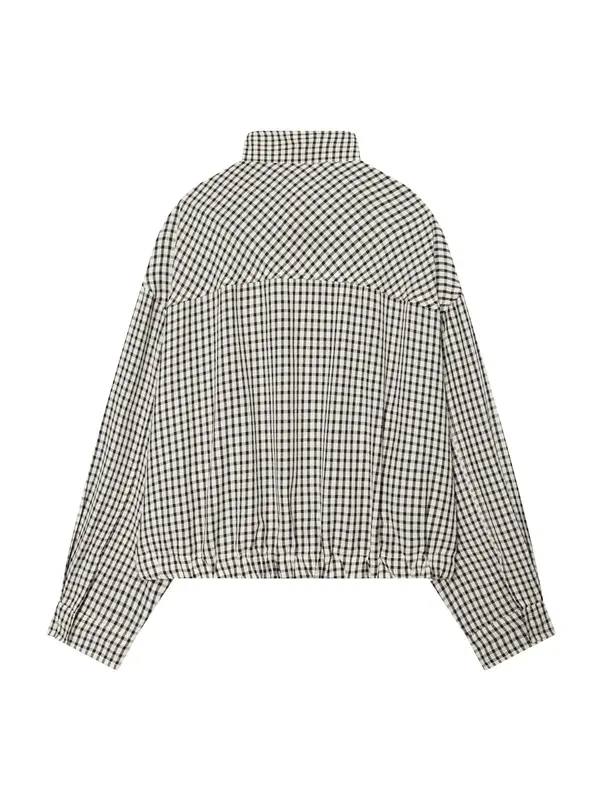 Jacket Female Spring Summer Black & White Gingham Check Cropped Bomber Jacket Stand Collar Zip Elasticated Waist & Cuffs Oversized Fit Lightweight Crinkled Fabric Side Pockets Daily Wear, Street Style, Office Casual-Tactilefable