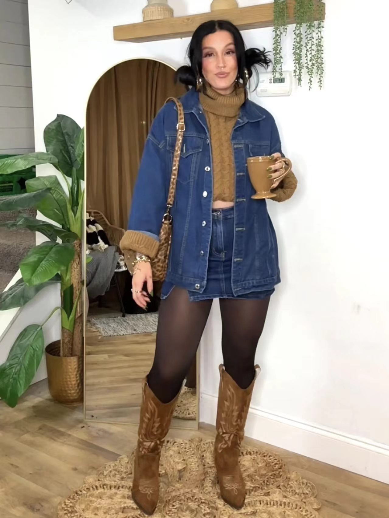 Women’s Oversized Mid-Long Denim Jacket  Fit Jean Jacket with Pockets Casual Loose Denim Coat-TACTILEFABLE