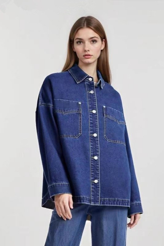 Long Sleeve Denim Jacket for Women,Drop Shoulder Curved Hem Denim, Classic Button Down Denim Jacket with Chest Pockets.-TACTILEFABLE