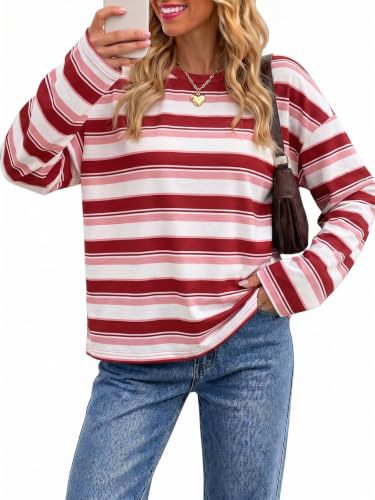 Womens Crew Neck Horizontal Striped Long Sleeve T Shirts, Oversized Loose-Tactilefable