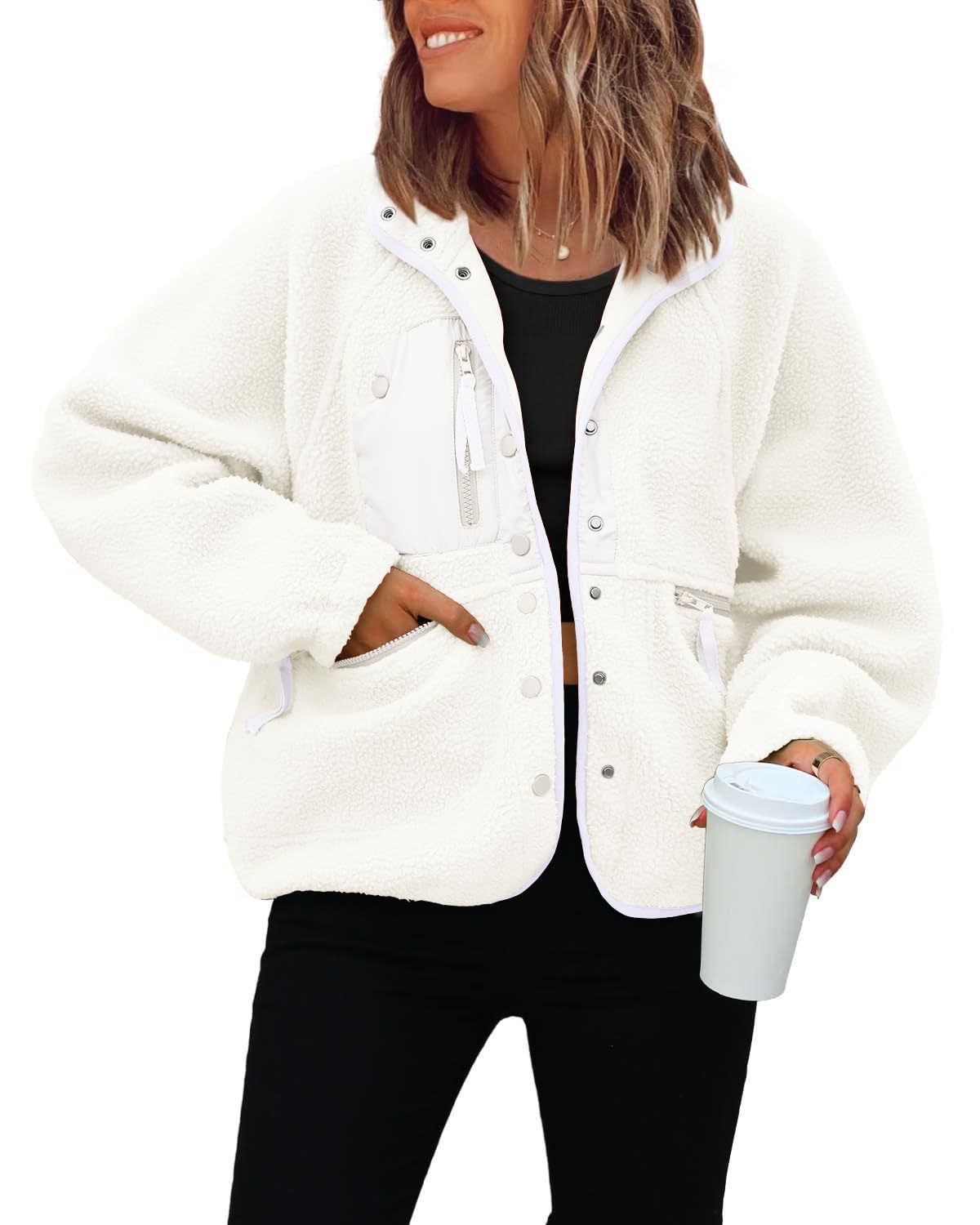 Women's Cropped Sherpa Lined Fleece Jacket Fall Warm Button Down Fuzzy Coats Shacket Outerwear with Pockets-Tactilefable