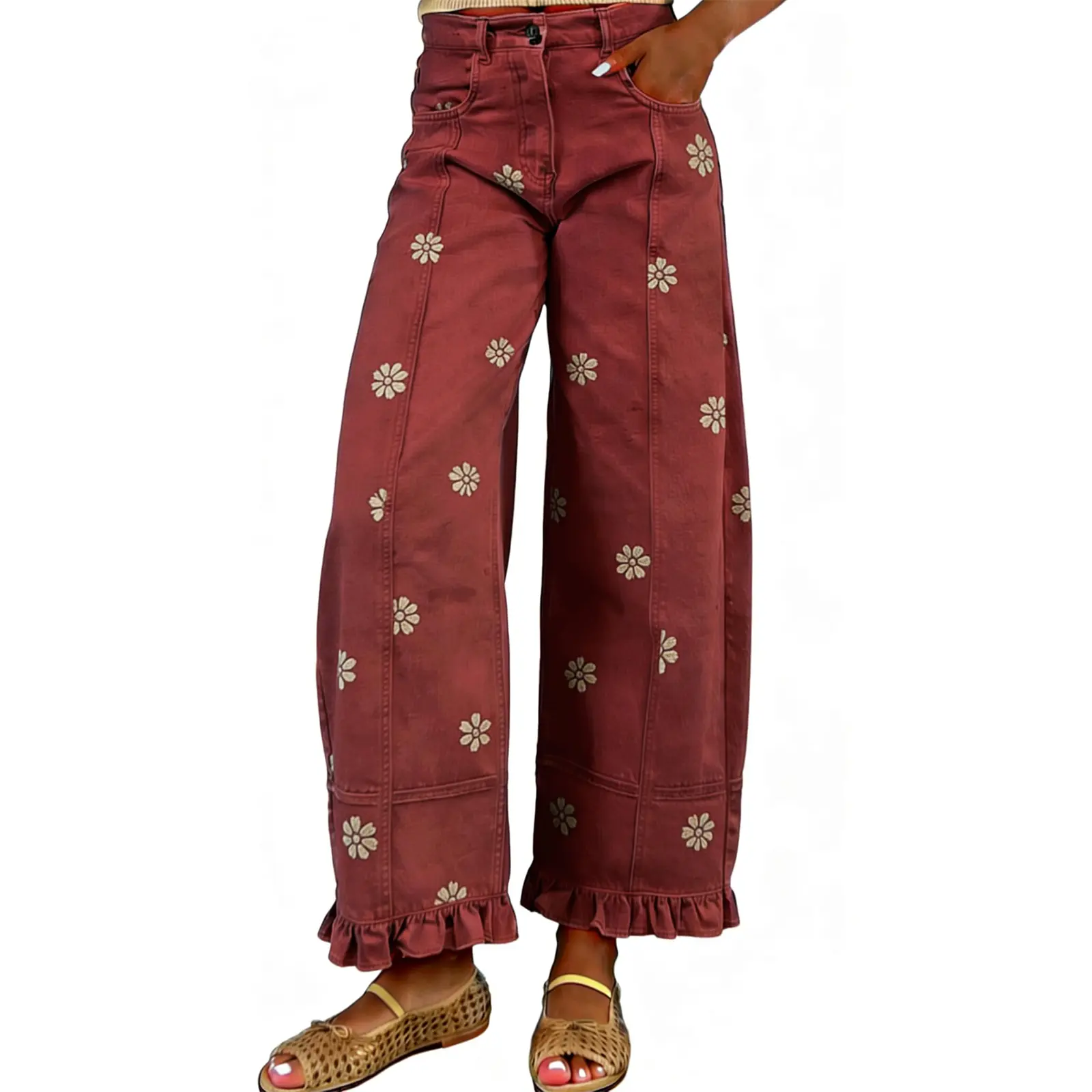 Women's High Waist Floral Print Wide Leg Pants, Ruffle Hem Casual Trousers-Tactilefable