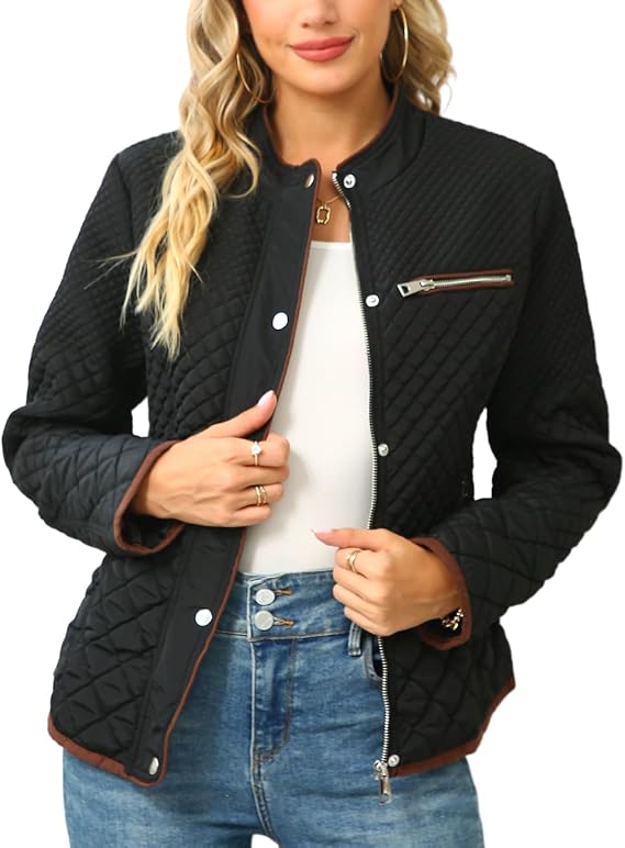 Women's Fall Winter Casual Quilted Lightweight Jacket, Warm Fitted Puffer Coat with Pockets, Plain Style for Commuting-TACTILEFABLE