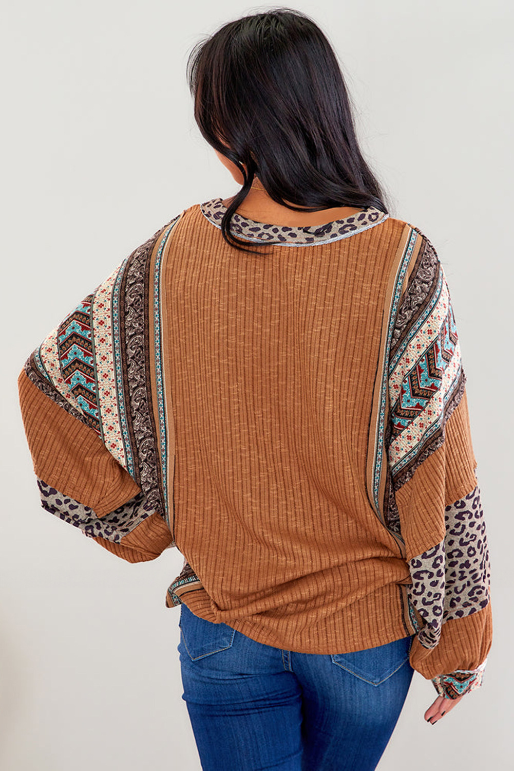 Women's Boho Leopard Patchwork Ribbed Top, Crew Neck Long Sleeve Loose Fit Tunic Blouse-Tactilefable