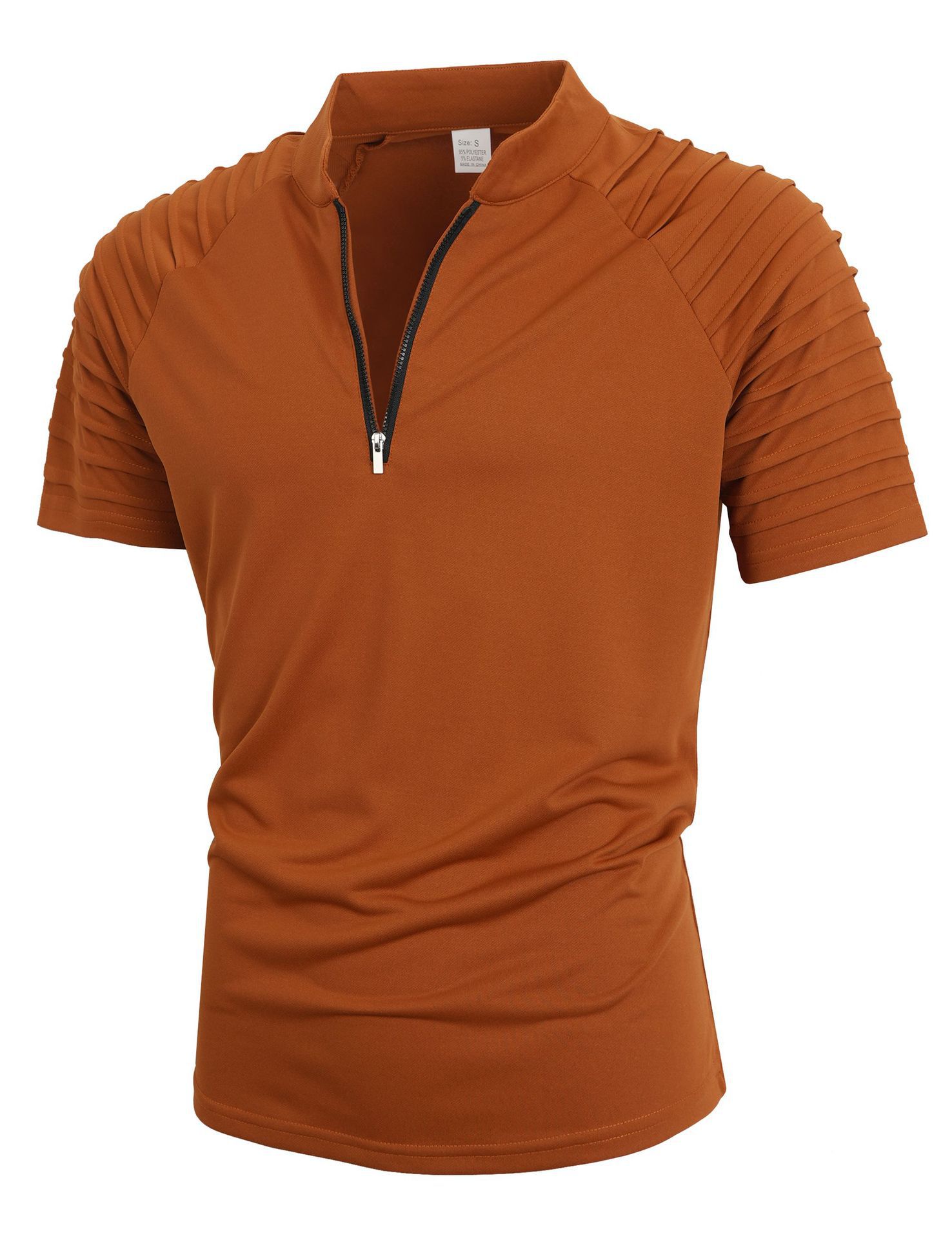 Men's Stand Collar Half Zip Short Sleeve Shirt, Pleated Raglan Shoulder Solid Color Casual Tee-TACTILEFABLE