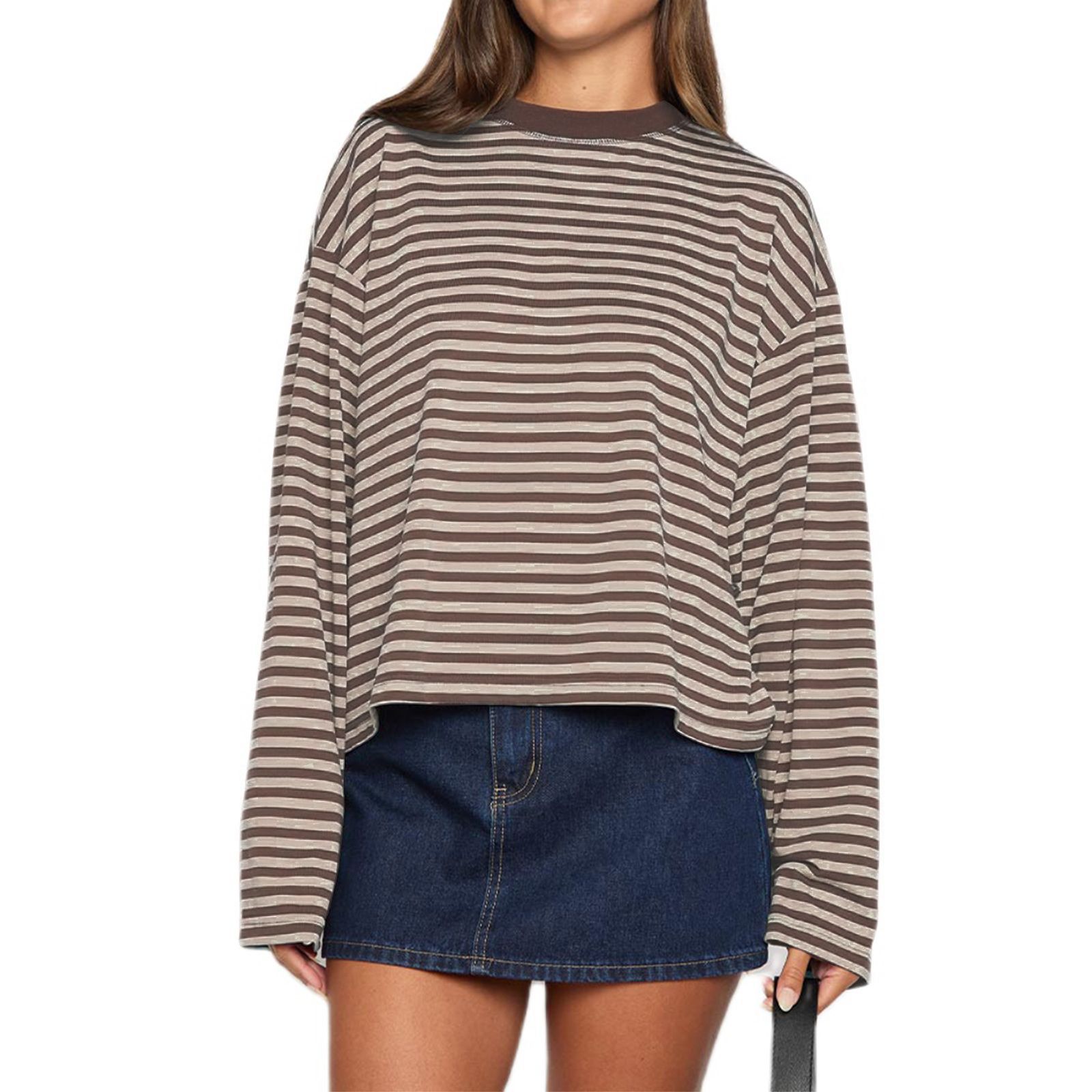 Women's Color Block Striped Long Sleeve Top, Loose Crew Neck Batwing Sleeve Casual Tee, All Seasons Wear, Moderate Thickness-TACTILEFABLE
