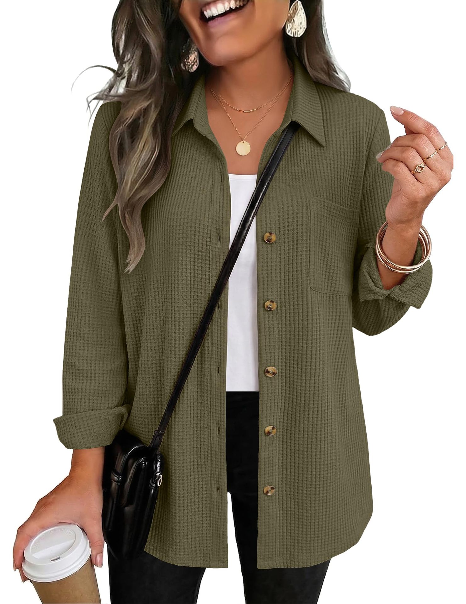 Women's Casual Waffle Knit Top, Button Down Long Sleeve Shacket-Tactilefable