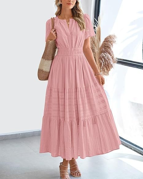 Women's Summer Casual Maxi Dress Lightweight Short Sleeve V Neck Boho Dress with Pockets-TACTILEFABLE