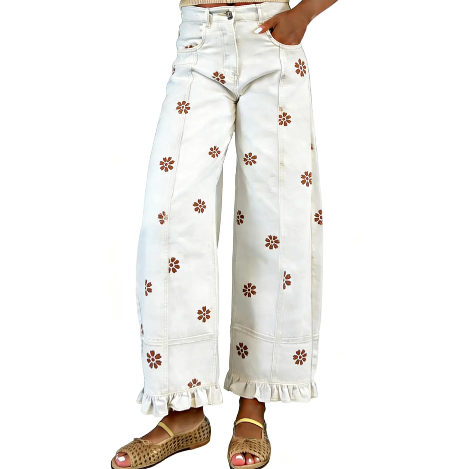 Women's High Waist Floral Print Wide Leg Pants, Ruffle Hem Casual Trousers-Tactilefable