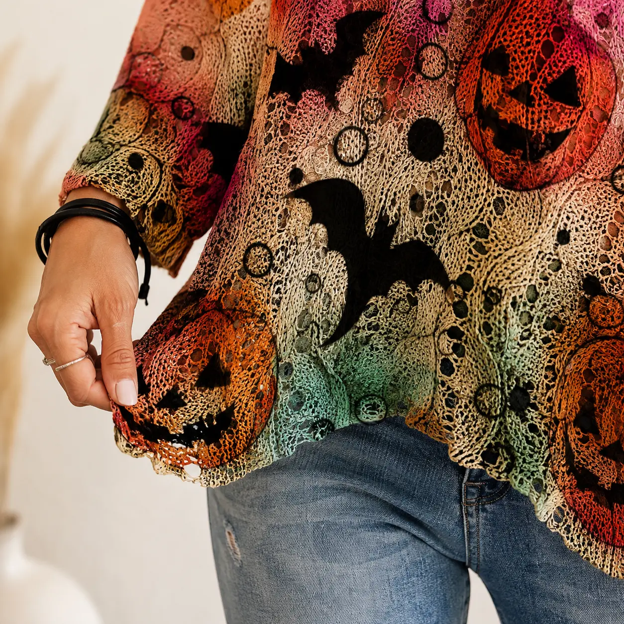 Women's Long-Sleeve Style Knitwear Piece, Halloween Pumpkin-Bat Print Casual Fall Pullover.