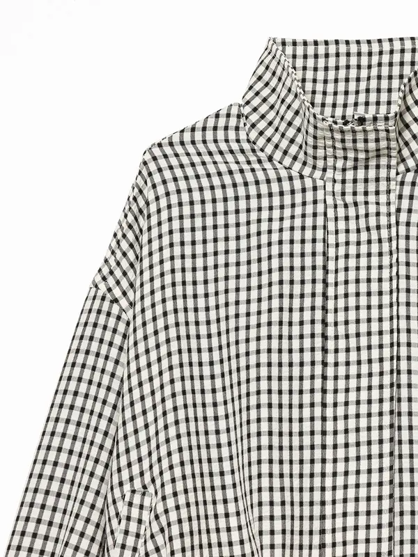 Jacket Female Spring Summer Black & White Gingham Check Cropped Bomber Jacket Stand Collar Zip Elasticated Waist & Cuffs Oversized Fit Lightweight Crinkled Fabric Side Pockets Daily Wear, Street Style, Office Casual-Tactilefable