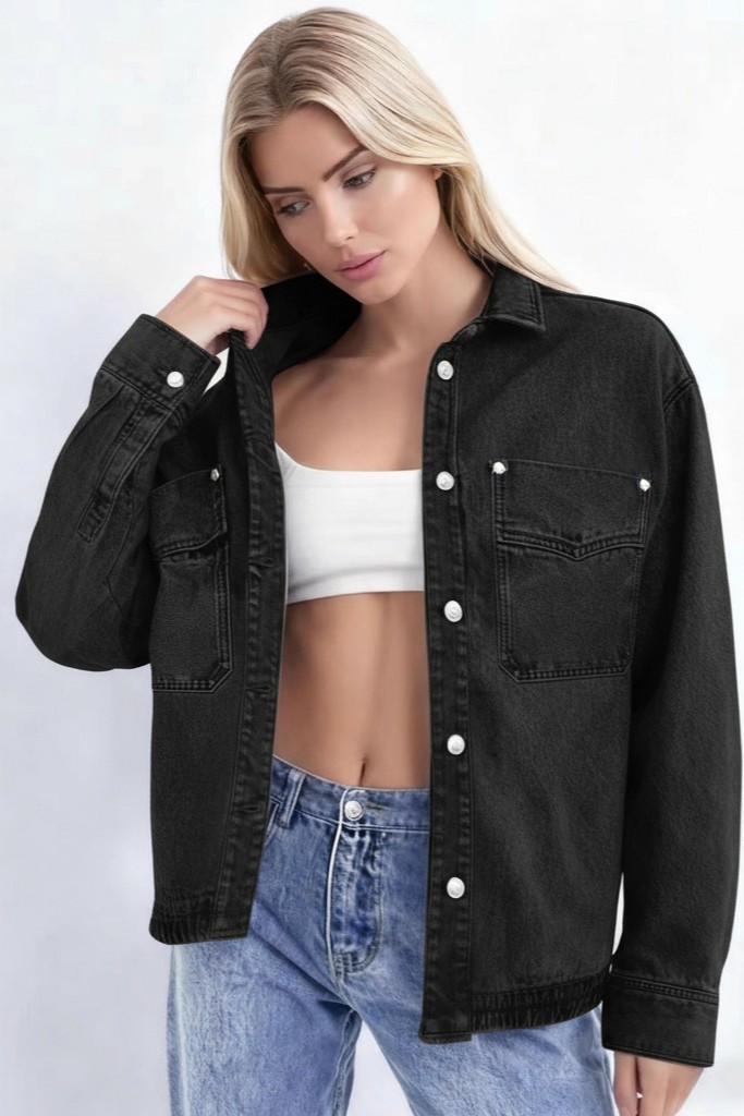 Long Sleeve Denim Jacket for Women,Drop Shoulder Curved Hem Denim, Classic Button Down Denim Jacket with Chest Pockets.-TACTILEFABLE