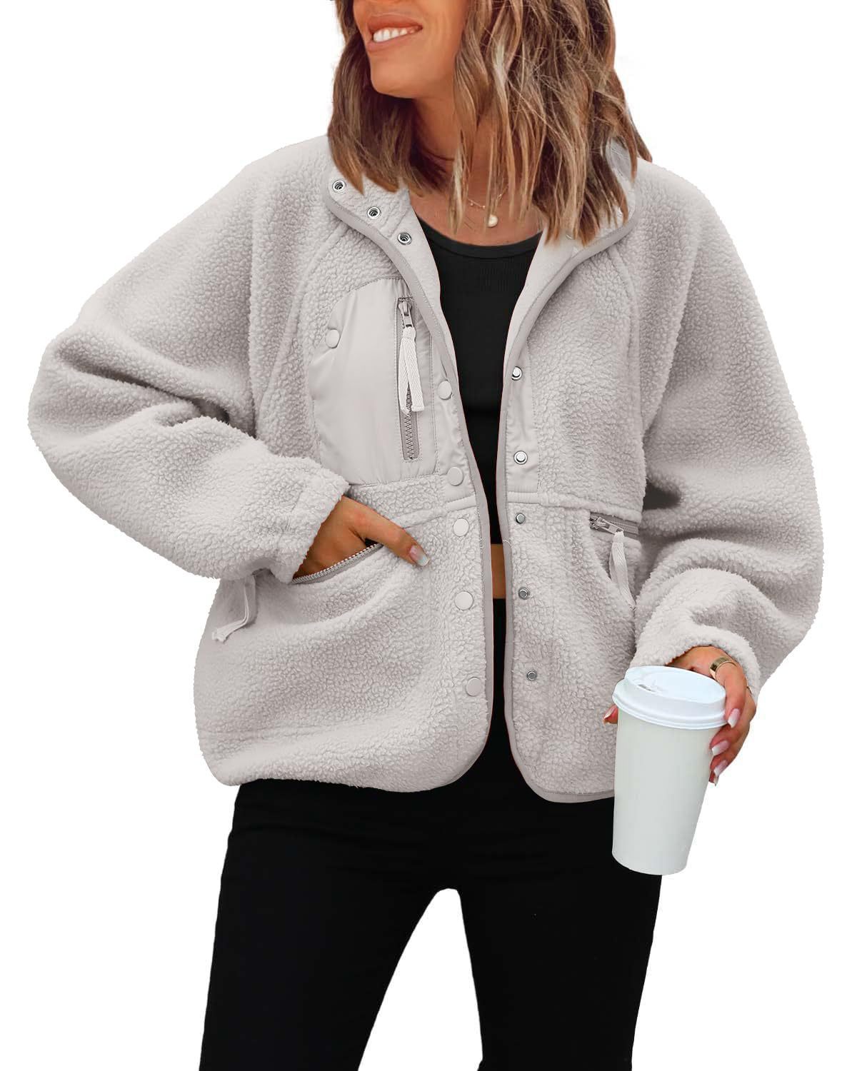 Women's Cropped Sherpa Lined Fleece Jacket Fall Warm Button Down Fuzzy Coats Shacket Outerwear with Pockets-Tactilefable
