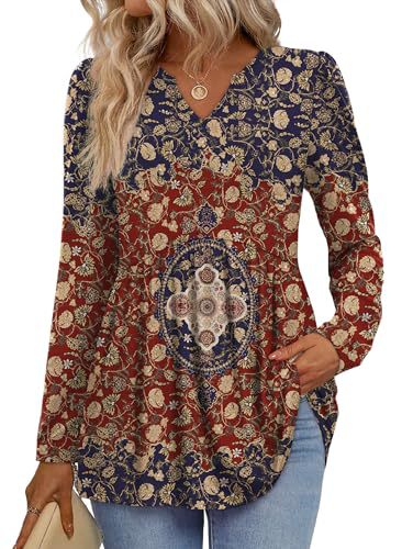 Womens Tops Long Sleeve Fall Shirts Babydoll Peplum Tops for Women V Neck Tunic Dressy Casual Blouses