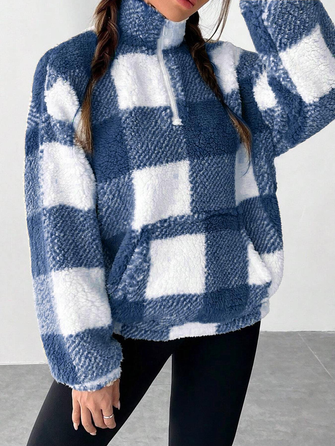 Women's Plaid Print Half Zip Drop Shoulder Fleece Sweatshirt, Casual Long Sleeve Stand Collar Pullover for Spring & Fall-TACTILEFABLE