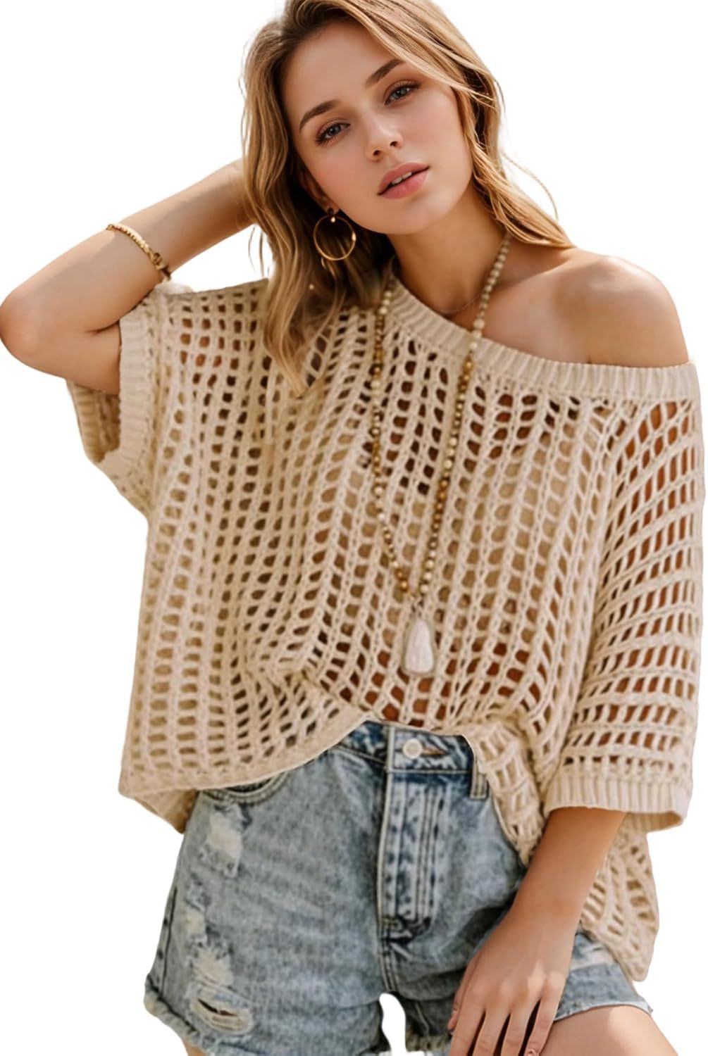 Womens Summer Scoop Neck Short Sleeve Sweater Casual Crochet Hollow Out Knit Tops Pullover Shirts Beach Coverup-TACTILEFABLE