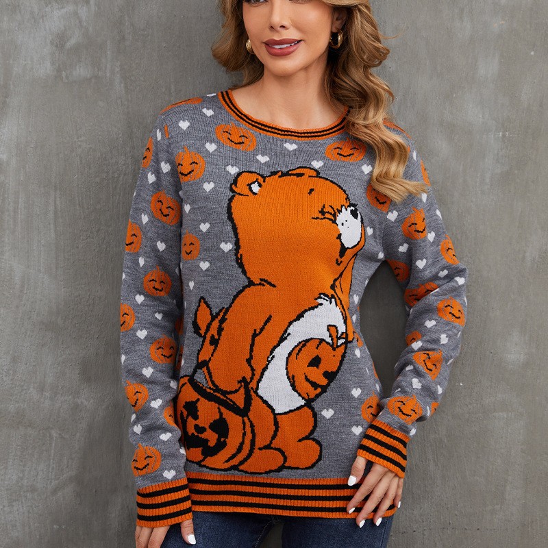 Women's Skeleton Print Knit Cardigan, V Neck Long Sleeve Single Breasted Halloween Streetwear Sweater-TACTILEFABLE
