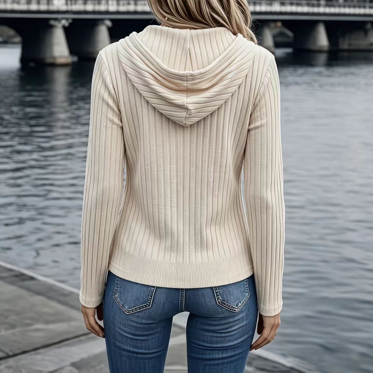 Women's Ribbed Hooded Button Down Cardigan, Long Sleeve Slimming Fit Casual Hoodie Top for Fall-TACTILEFABLE