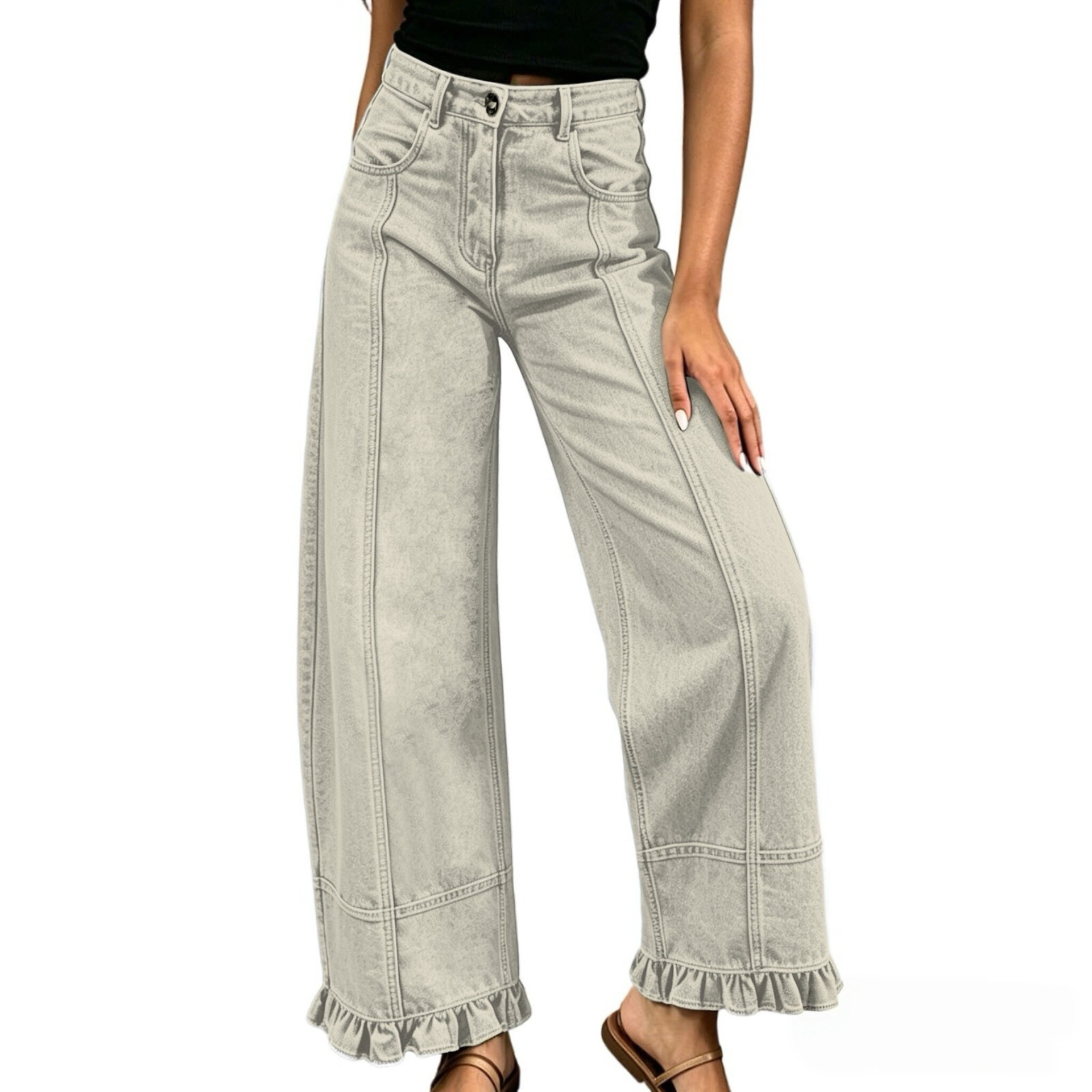 Women's Mid Rise Wide Leg Denim Pants, Ruffle Hem Seamed Washed Jeans-Tactilefable