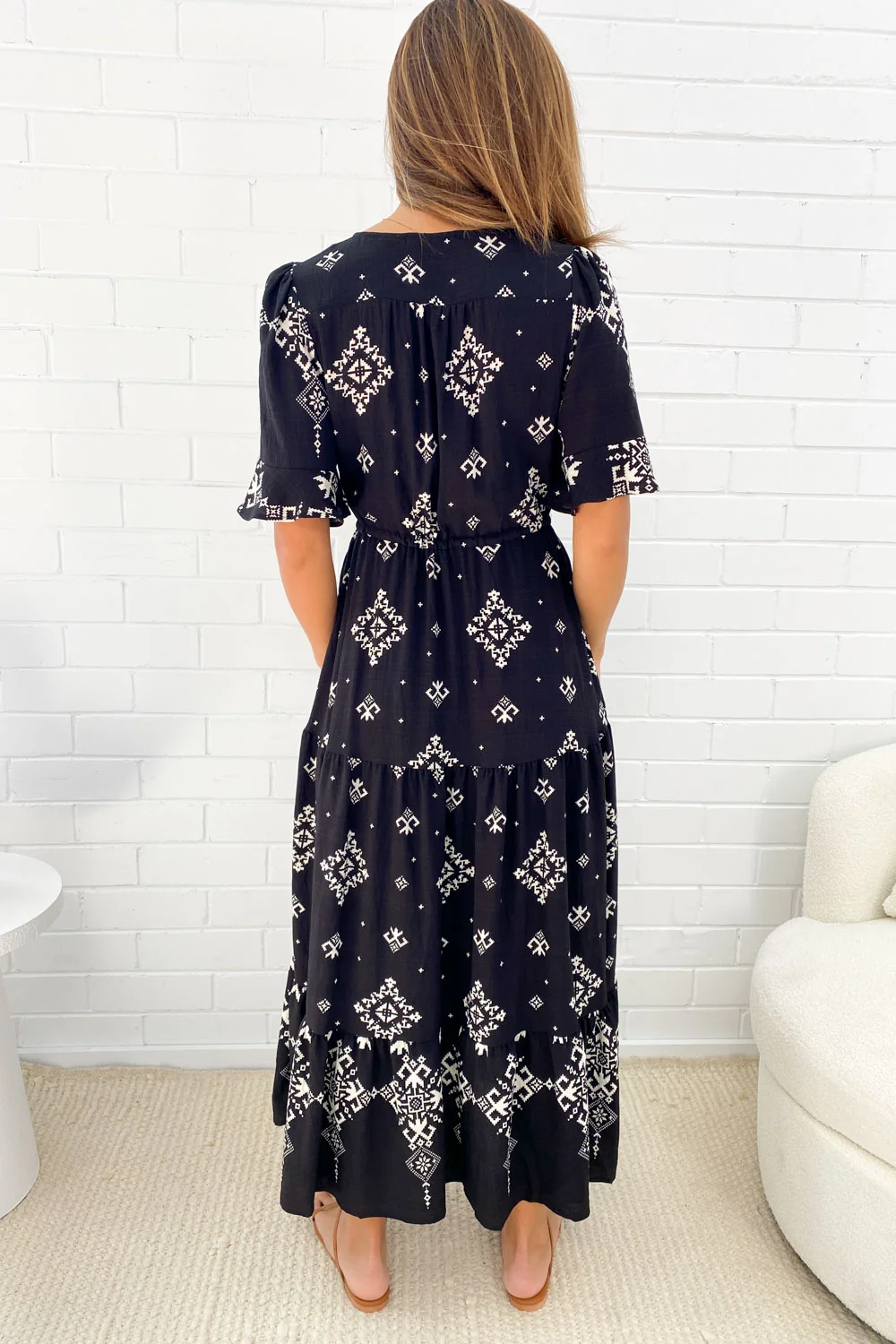 Bohemian Printed Maxi Dress, Loose Fit Round Neck Half Sleeve Flowy Long Dress with Pockets-TACTILEFABLE