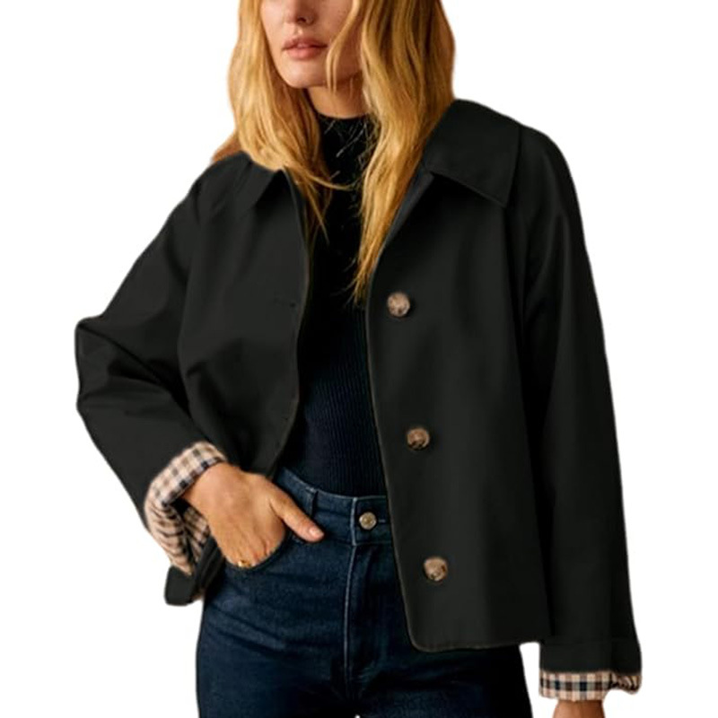 Women Cropped Lapel Jacket, Single Breasted Long Sleeve Casual Fall Coat-Tactilefable