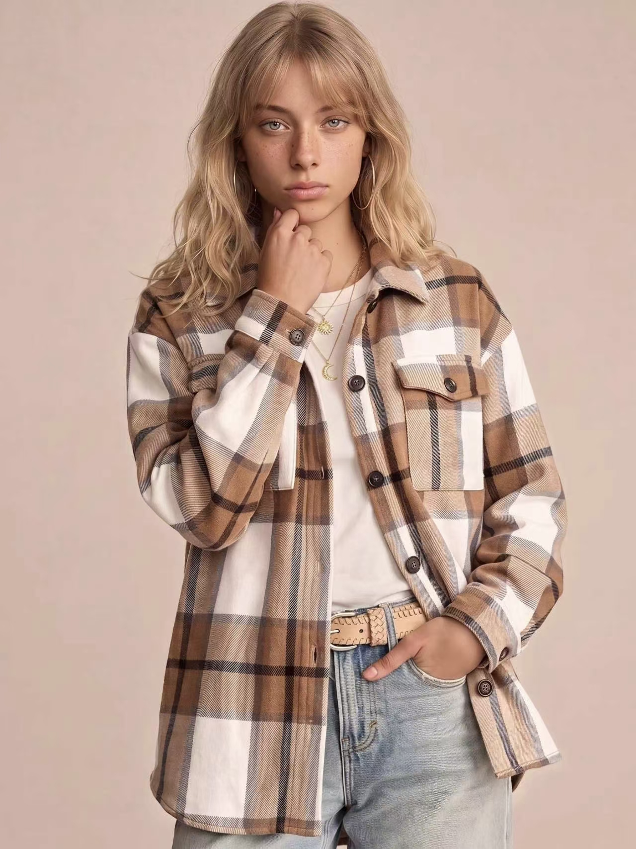 Women's Plaid Flannel Shirt Jacket, Loose Long Sleeve Button Down Casual Shacket With Chest Pocket-TACTILEFABLE