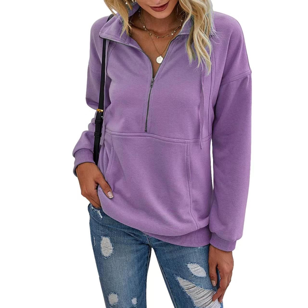 Women's Casual Long Sleeve Lapel Zipper Sweatshirt Drawstring Loose Pullover Tops Fall Sweater-TACTILEFABLE
