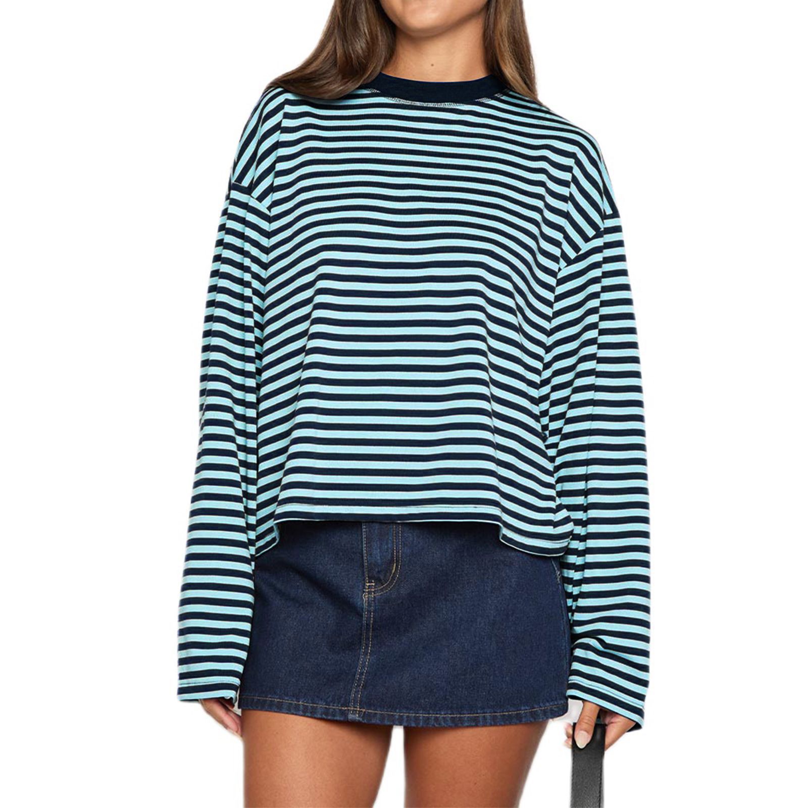 Women's Color Block Striped Long Sleeve Top, Loose Crew Neck Batwing Sleeve Casual Tee, All Seasons Wear, Moderate Thickness-TACTILEFABLE