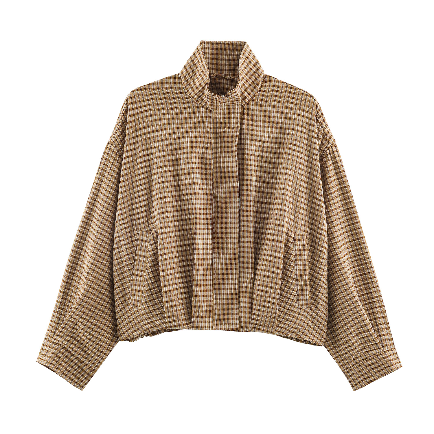 Jacket Female Spring Summer Black & White Gingham Check Cropped Bomber Jacket Stand Collar Zip Elasticated Waist & Cuffs Oversized Fit Lightweight Crinkled Fabric Side Pockets Daily Wear, Street Style, Office Casual-Tactilefable