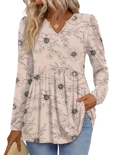 Womens Tops Long Sleeve Fall Shirts Babydoll Peplum Tops for Women V Neck Tunic Dressy Casual Blouses