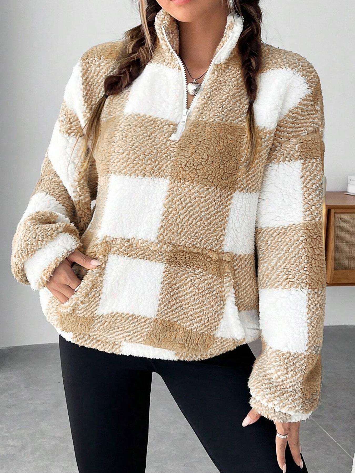 Women's Plaid Print Half Zip Drop Shoulder Fleece Sweatshirt, Casual Long Sleeve Stand Collar Pullover for Spring & Fall-TACTILEFABLE